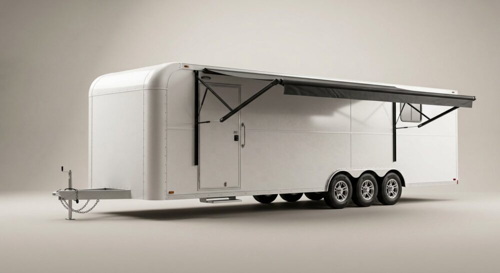 2025 34ft enclosed car trailer corner bathroom electric awning and alloy wheels
