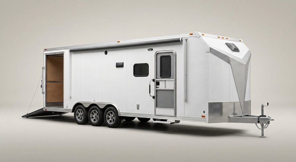 2025 Platinum 34ft Enclosed Car Trailer – Corner Bathroom & Electric Awning